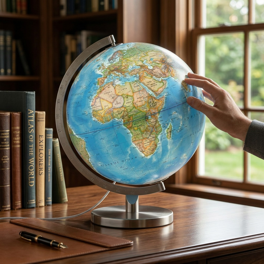 A 12-inch blue ocean desk globe with a silver stand and light cord is on a wooden desk with books in a home library.