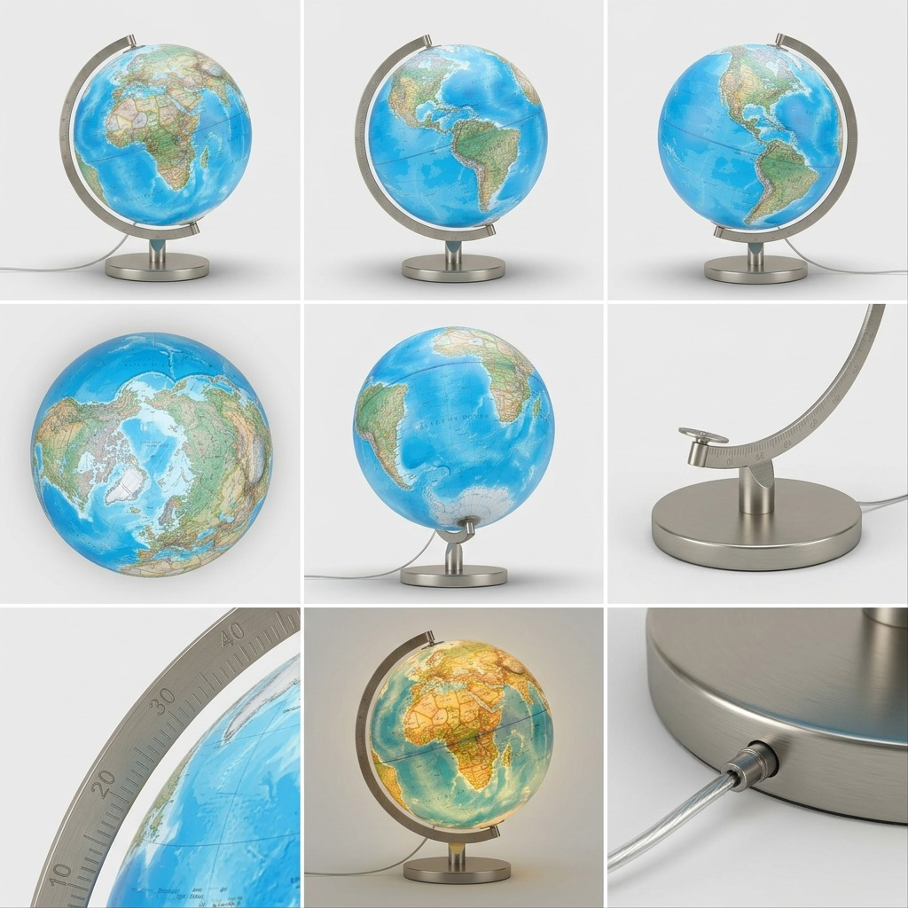 PDP matrix showing the same Replogle Bartlett globe from multiple key angles and both illuminated states.