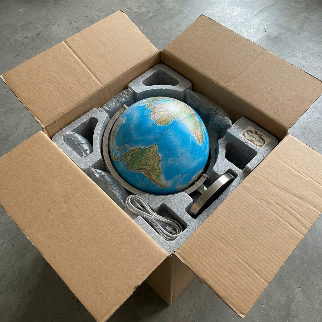 A photo of the Replogle National Geographic Bartlett illuminated globe, partially unboxed with protective foam and cardboard.