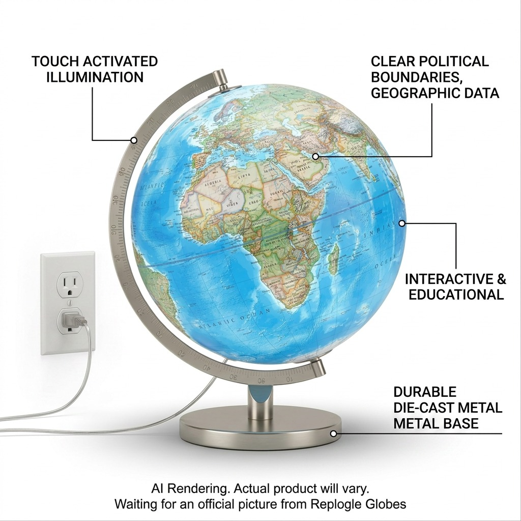 Image 6, showcasing the operation of the Replogle National Geographic Bartlett illuminated globe, with callouts for touch illumination and political mapping.