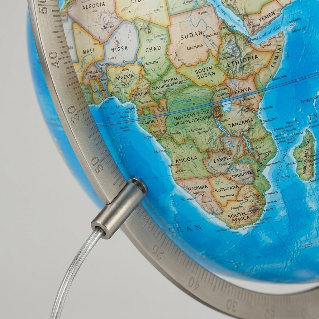 Macro close-up: Detailed cartography, metal meridian, and fine printing on an illuminated desk globe.