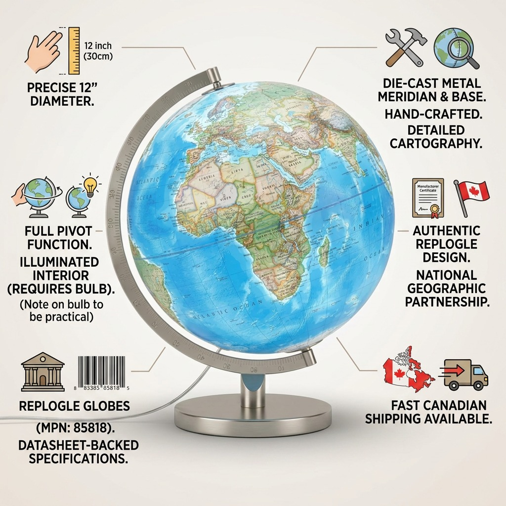 Trust and authority infographic showcasing Replogle Globes Bartlett illuminated 12" desk globe features.