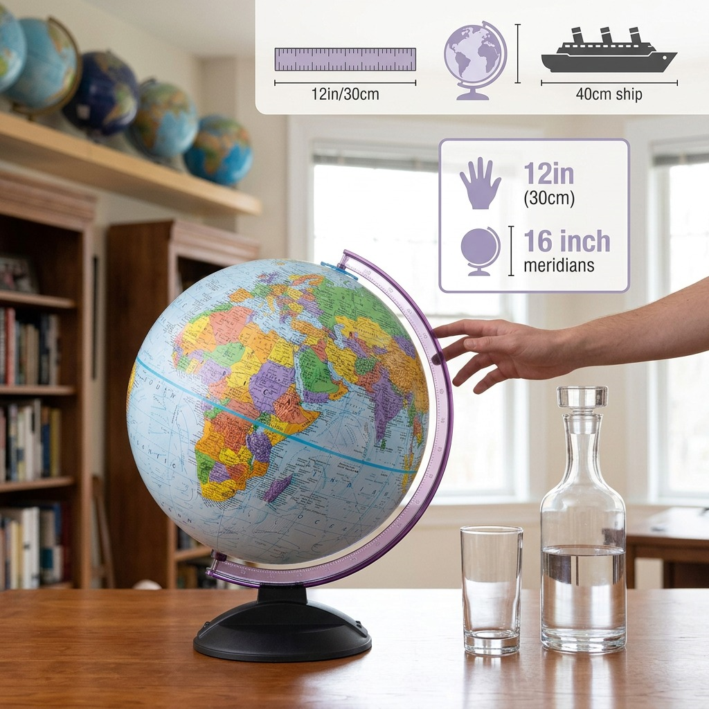 A 12-inch Replogle Traveler French desk globe is shown next to an 11-inch paper notebook.