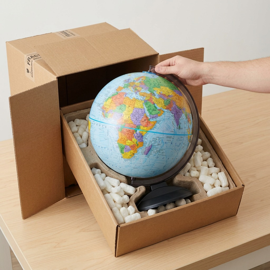 PDP visual matrix image 7: secure Randmar unboxing experience, showing the carefully packed globe surrounded by custom recycled foam inserts.