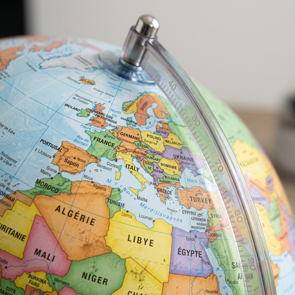 A macro photograph focusing on the cartographic detail and semi-meridian of the globe.