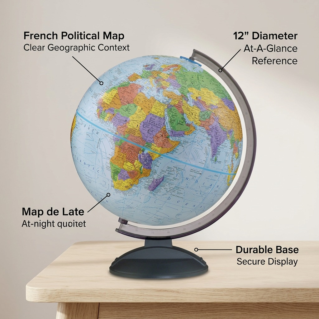 Feature image highlighting the globe's rotation, French text, and durable black base.