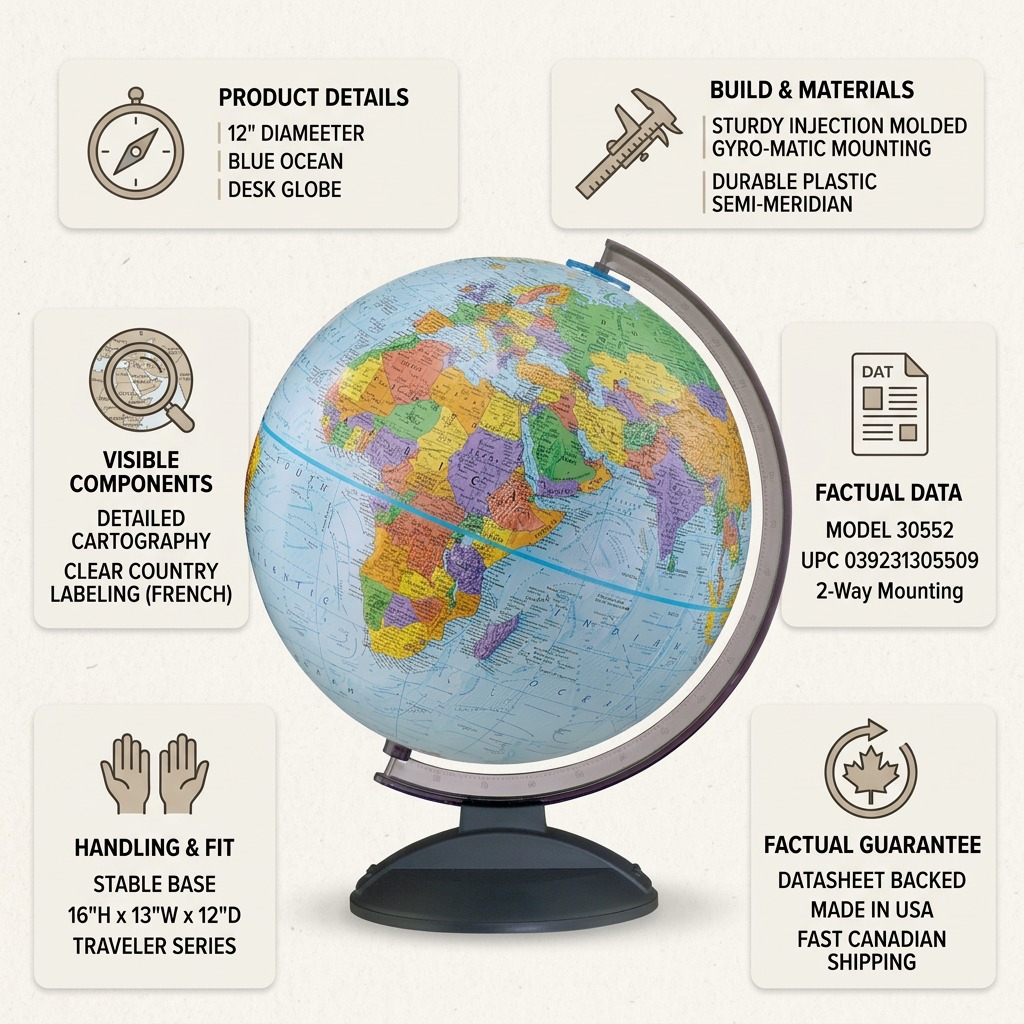 Confidence matrix for Replogle Globes Traveler 12"/30cm Blue Ocean Desk Globe with factual highlights and shipping.