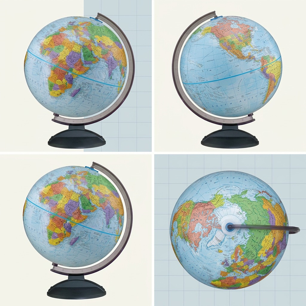A product matrix image displays the Replogle Traveler globe from four angles: front, side, back, and top-down.