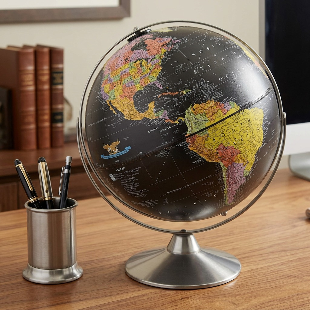 Replogle Starlight 12-inch black ocean globe displayed on an office desk next to a modern pen holder.
