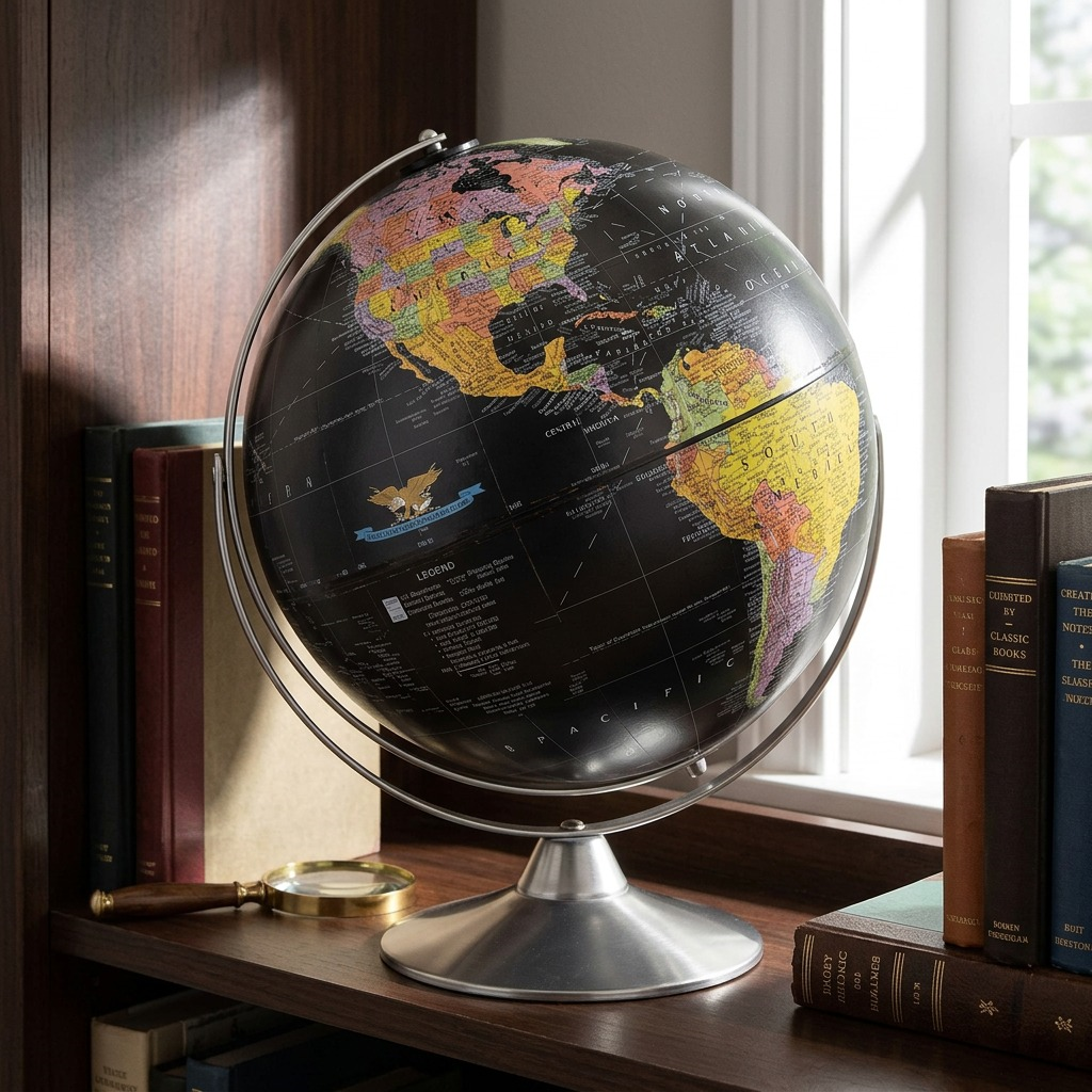 Replogle Starlight black desk globe on a home office bookshelf, in natural light.