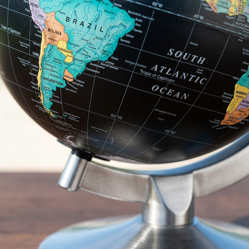 A shallow depth of field stands-out macro view shows detail of the black ocean globe focusing on precise cartography and the metal base to globe connector. Text like 'SOUTH ATLANTIC OCEAN' and 'Tropic of Capricorn' are readable on the black ocean surface, alongside colored land masses and grid lines, leading to the secure attachment on a brushed metal base.