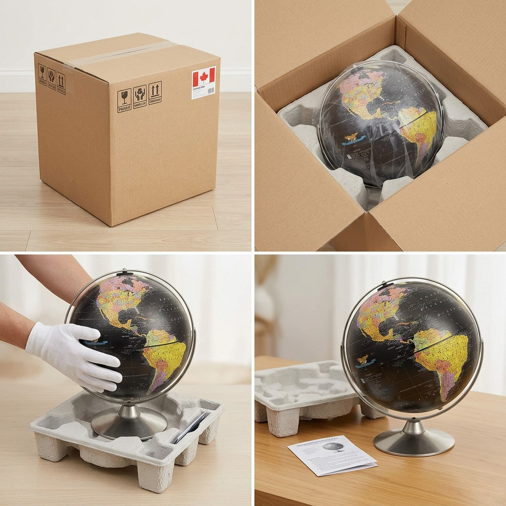 Four-panel sequence: secure shipping box, molded custom insert, product removal, and the set-up globe.
