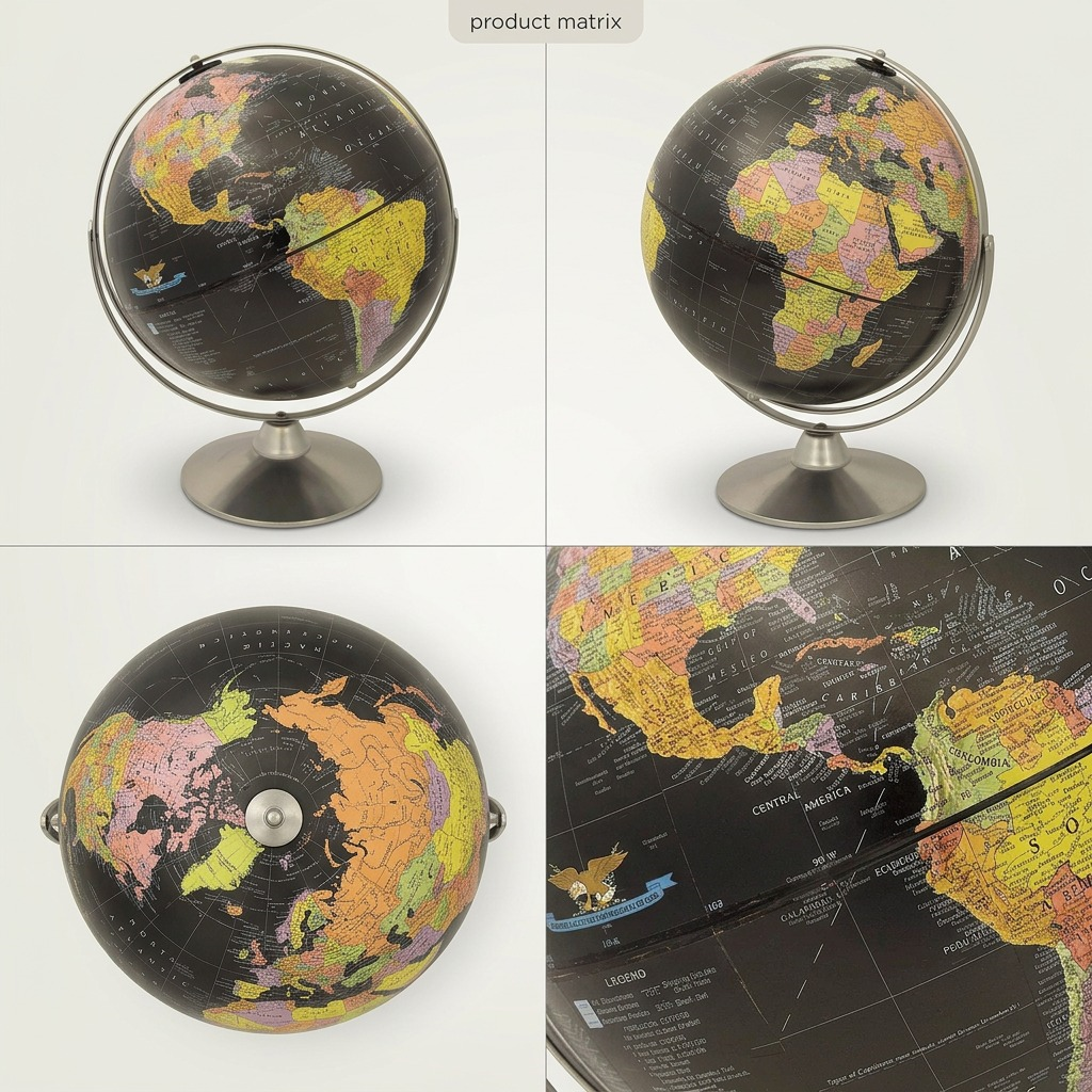 A clean product matrix image displaying four distinct, precise views of the Replogle Globes Starlight black ocean desk globe.