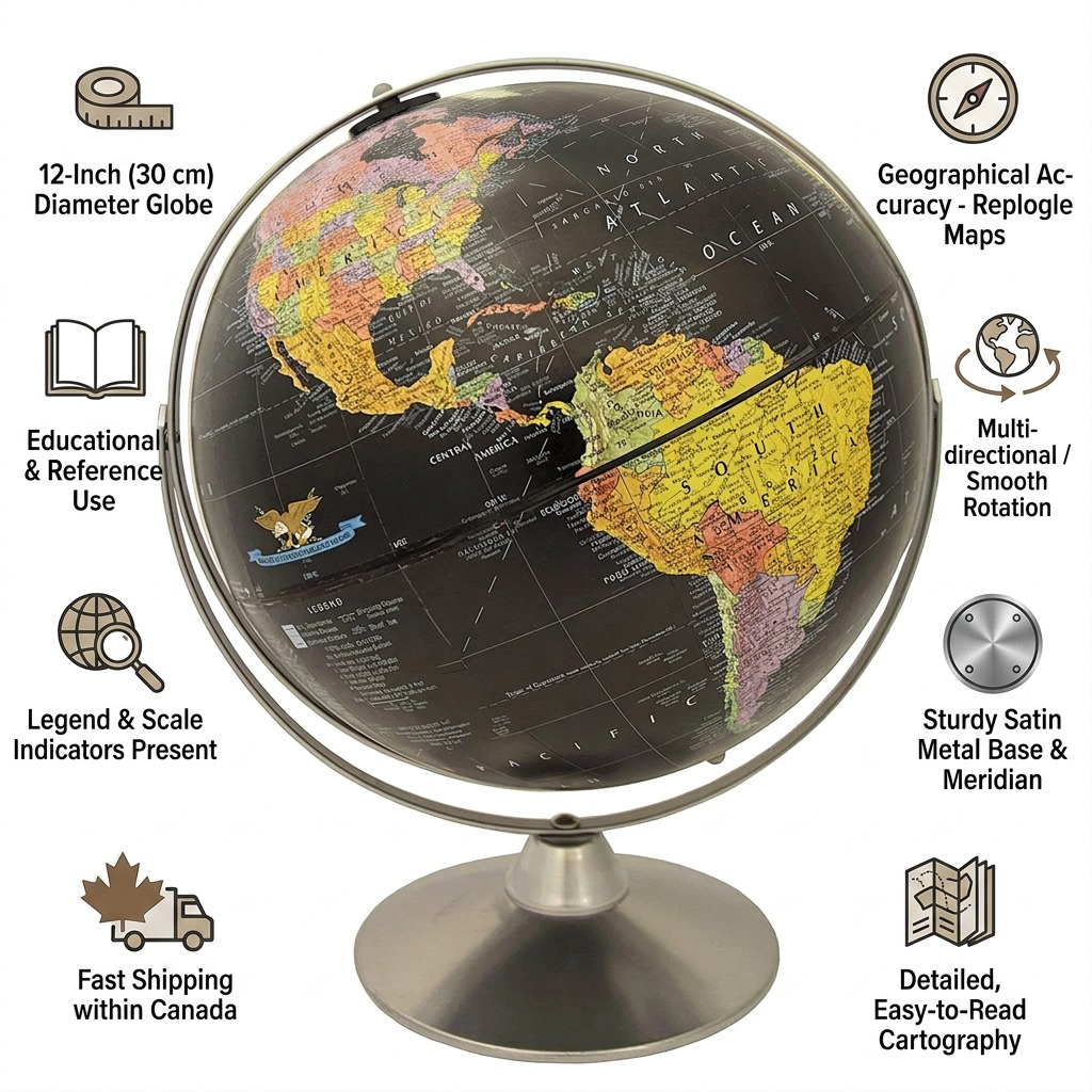 Infographic for the Replogle Starlight globe highlighting key features and Canadian shipping with icons.