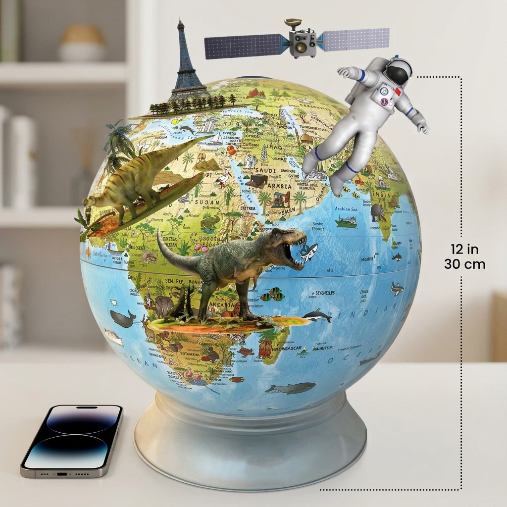 A graphic scale reference showing the kids globe next to a standard 12-inch high object.