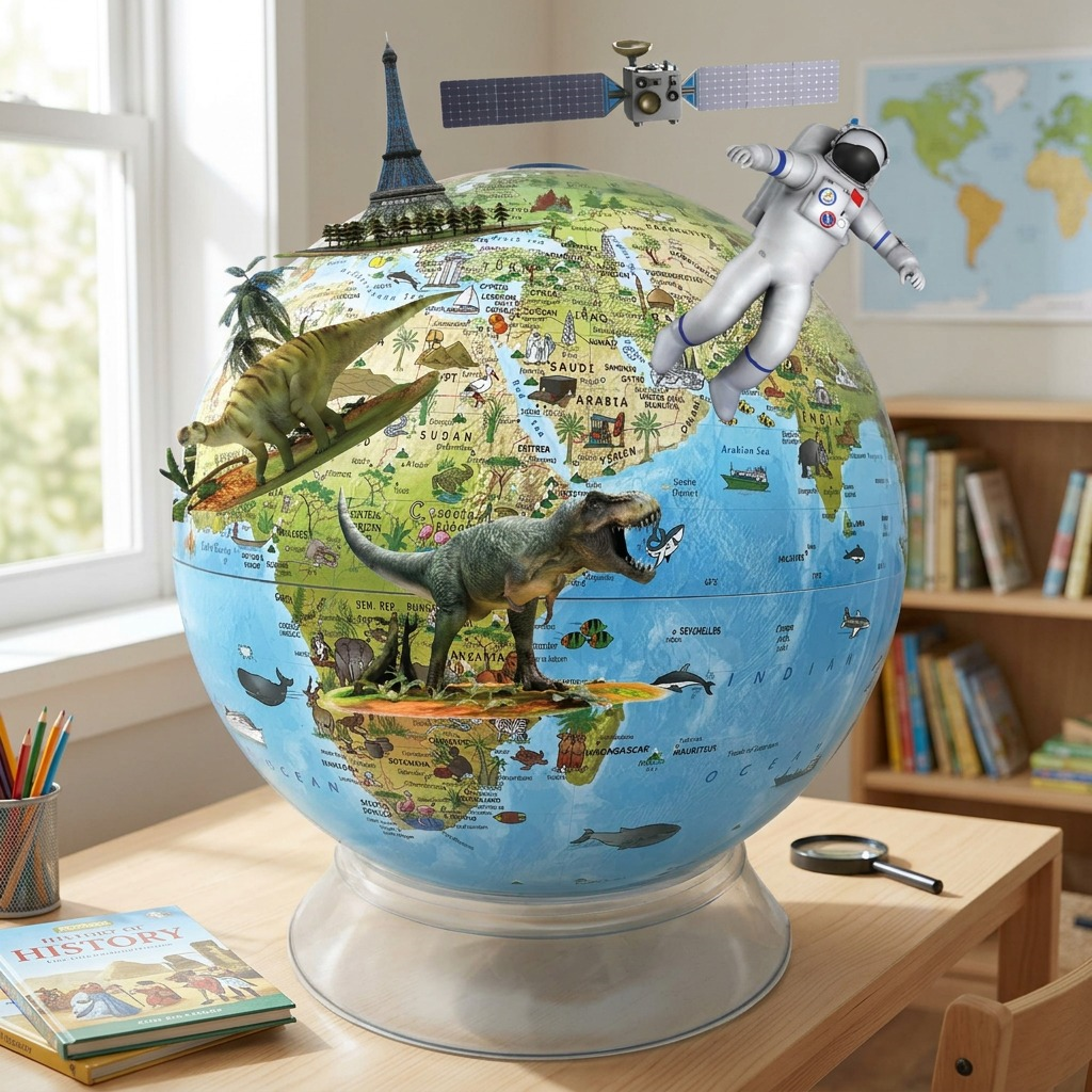 A lifestyle photograph of the Replogle Day/Night Kids Globe on a wooden child's desk, in an academic daylight setting.