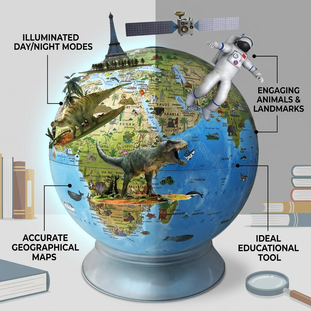 Visual feature calls for the kids globe, highlighting the day/night modes, accurate maps, and educational design.