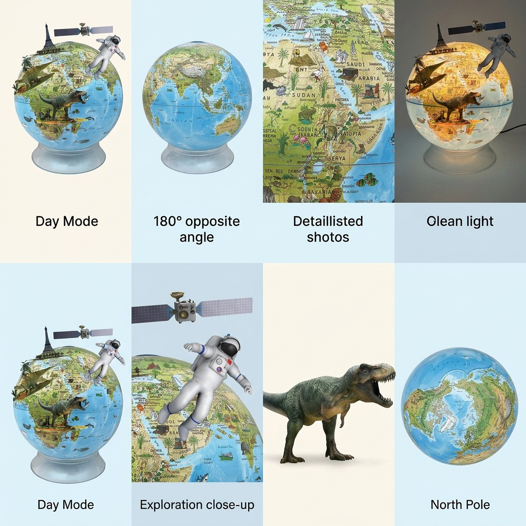 Product visualization matrix displaying eight varied views and configurations of the kids' educational globe.