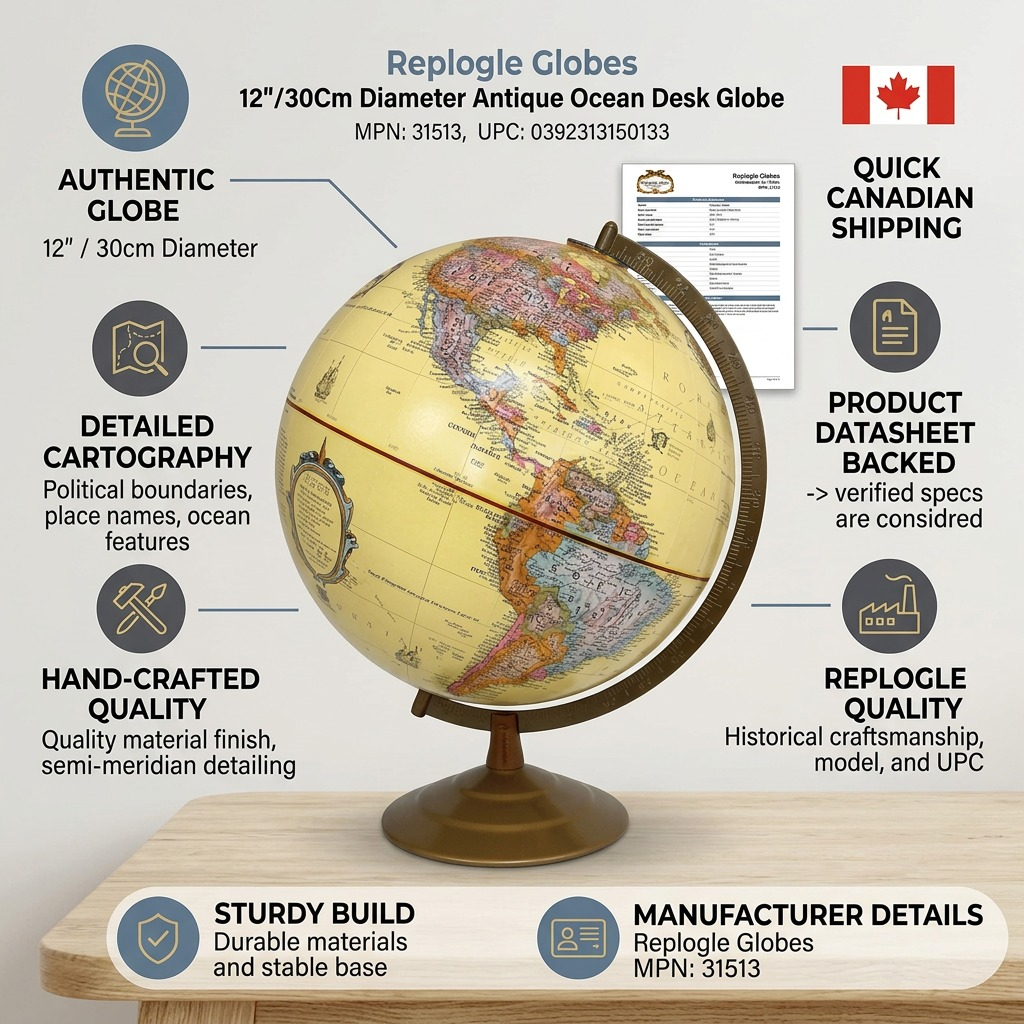 Replogle 12" Antique Ocean Desk Globe infographic with trust facts, verified specs, and quick Canadian shipping.