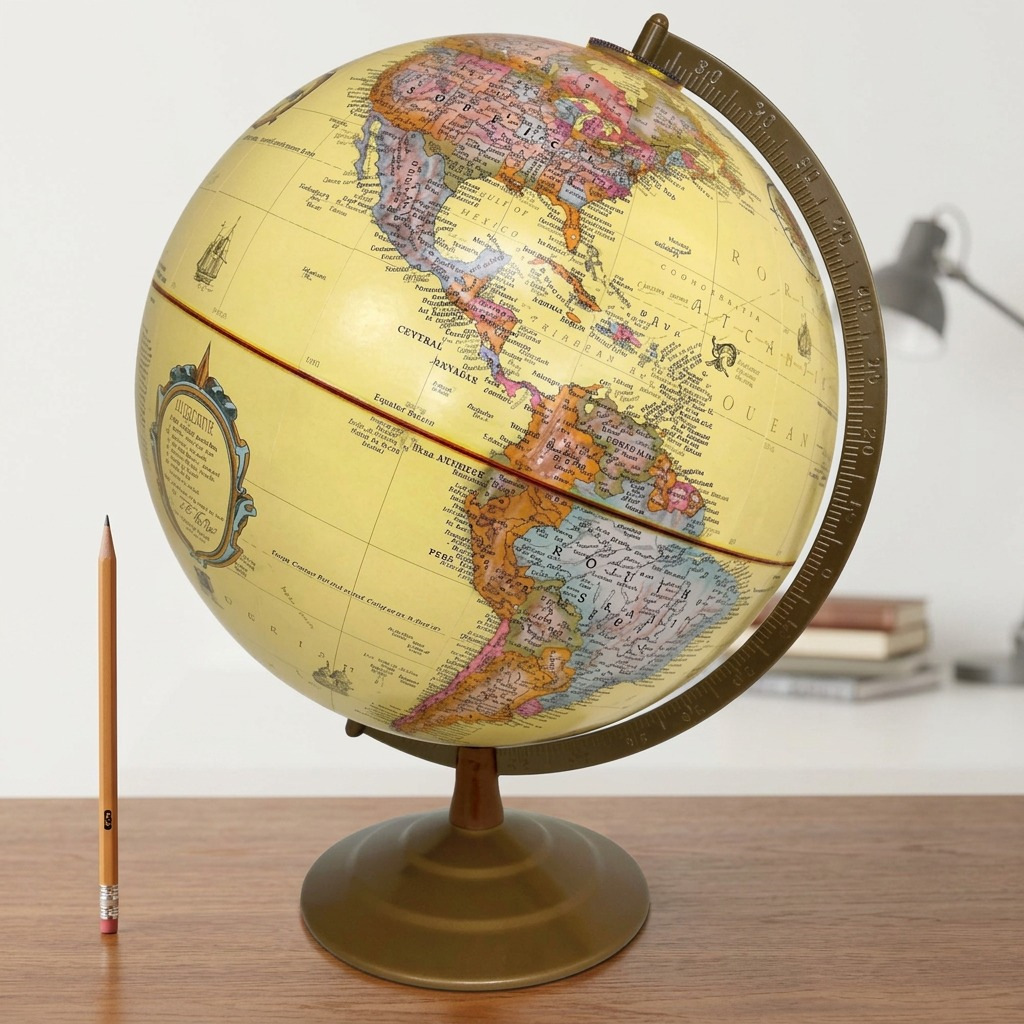A scale image showing the Replogle Globemaster 12-inch antique ocean globe next to a full-length wooden pencil on a desk.