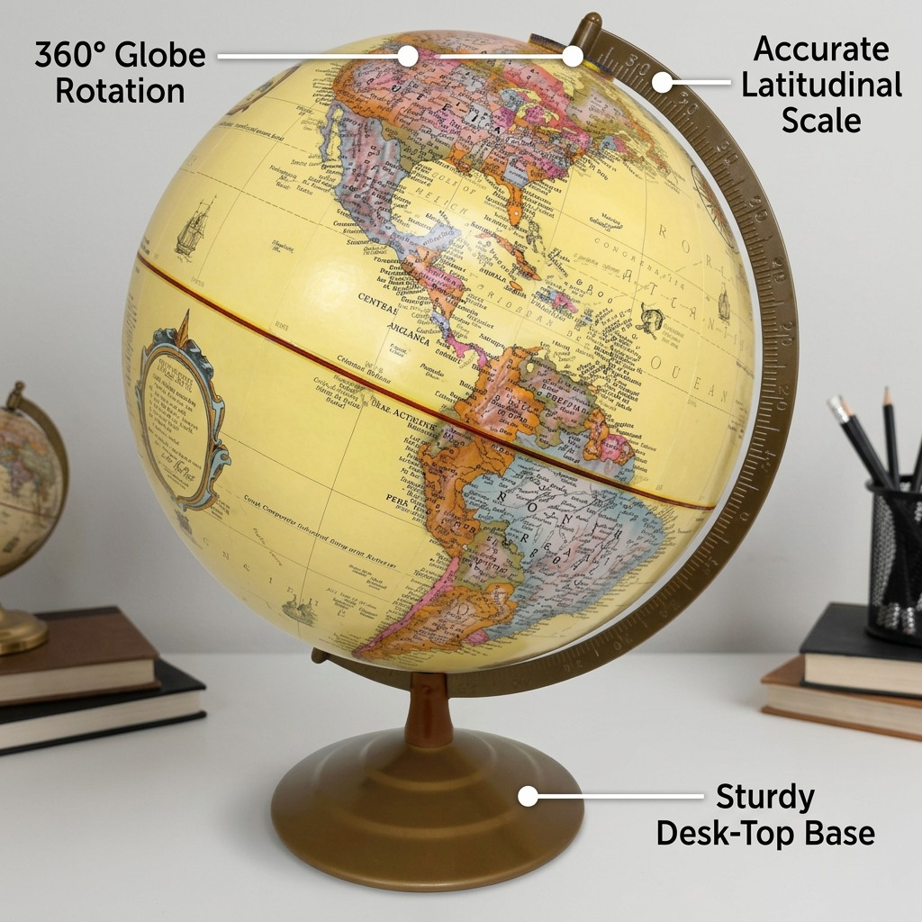 An antique desk globe with operational callouts for rotation, latitudinal scale, and sturdy base.