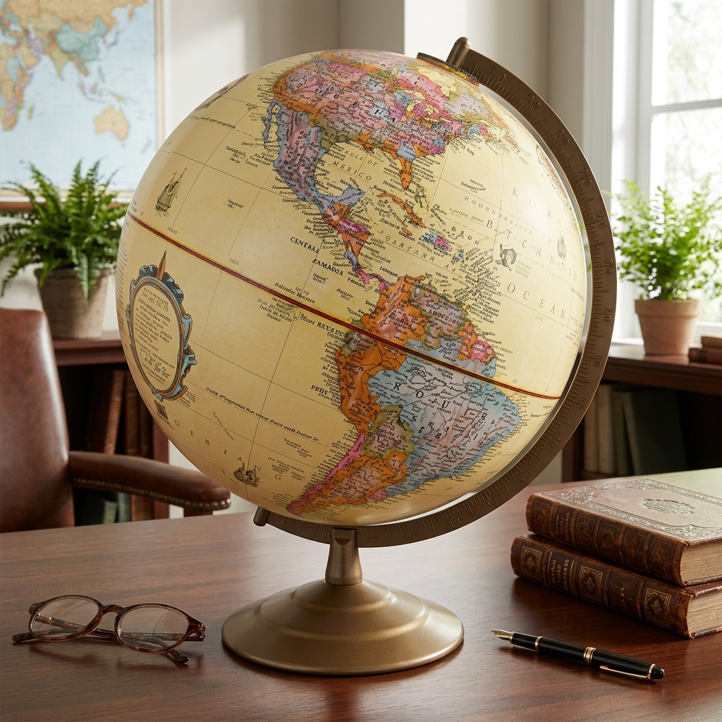 A lifestyle image of the Globemaster desk globe on a dark wood desk with a vintage leather book and a pair of reading glasses, illuminated by natural daylight from a window. 12"/30cm Replogle globe with antique map. (Ref: image_0.png)