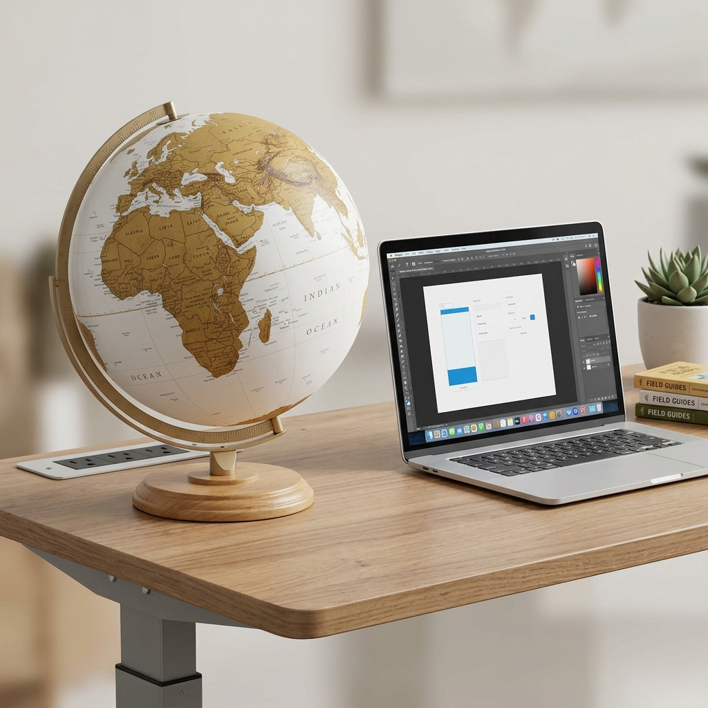 A sophisticated white and gold-textured Replogle Schwartz globe is shown next to an open laptop and books for size reference on a wooden desk with neutral lighting.