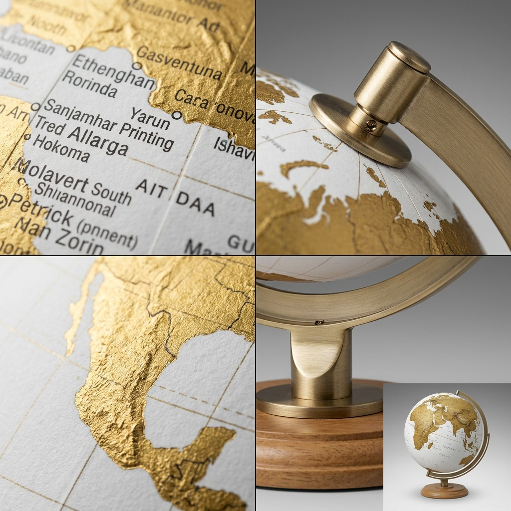 A macro view focuses on the texture of a white paper globe map with applied raised gold foil topography.