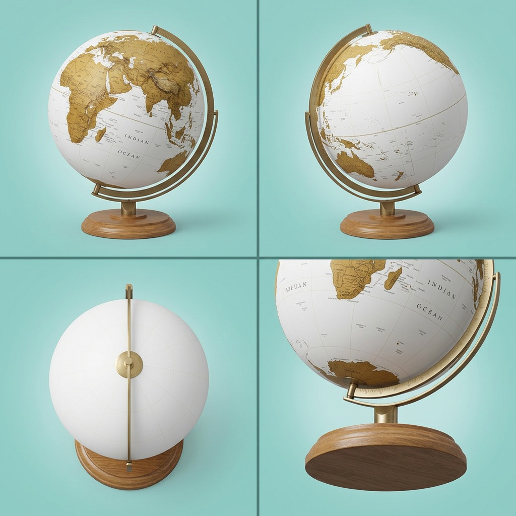 Four views of the Replogle Schwartz Globe in a grid: front, back, top-down, and low-angle.