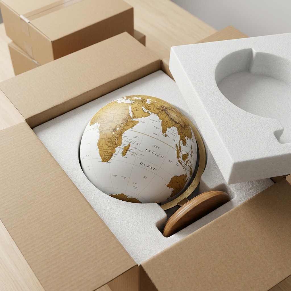 A high-resolution image showing a premium glove (from image\_0.png) nestled and secured inside form-fitting protective foam within a sturdy cardboard shipping box, as part of a premium unboxing experience.