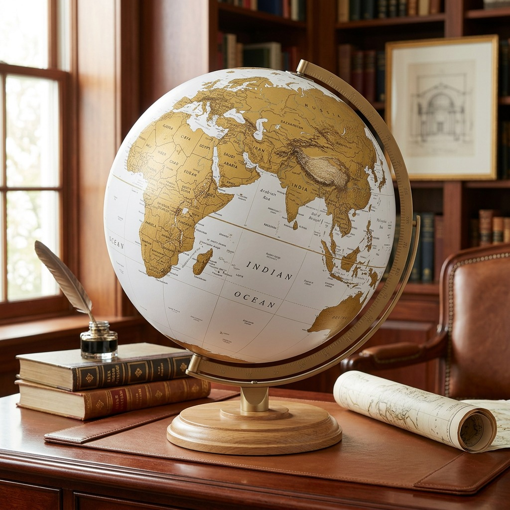 Alt Text: A lifestyle photograph of the Frank Lloyd Wright Schwartz globe on a wooden desk in a home office.