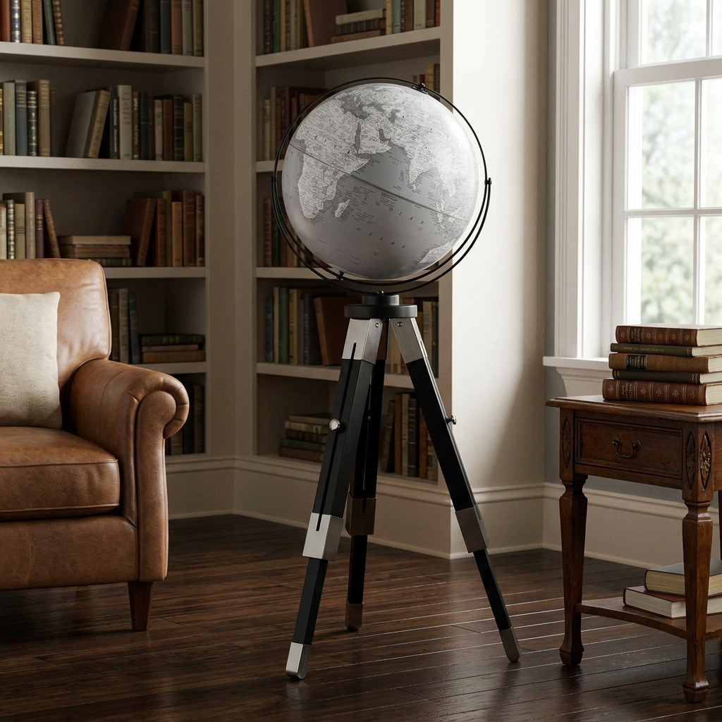 Replogle Willston tripod globe in a scholarly library setting, next to a leather armchair and bookshelves.