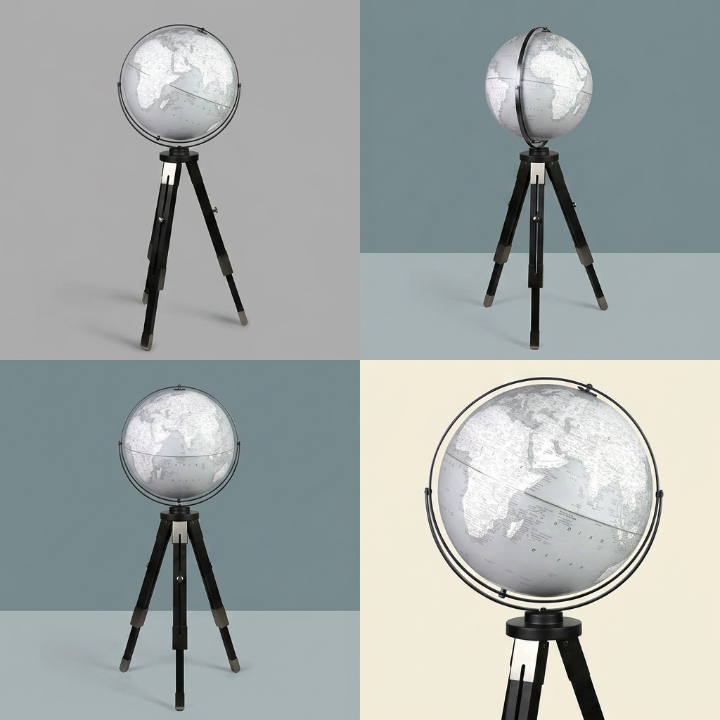 A 4-panel product matrix grid showcasing the Replogle Willston floor globe on its tripod stand from various helpful angles.<ctrl46>