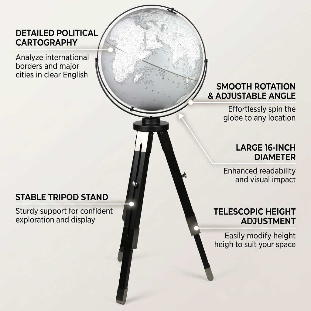 A detailed visual callout graphic highlighting the key functional and design features of the Replogle Willston 16-inch floor globe.