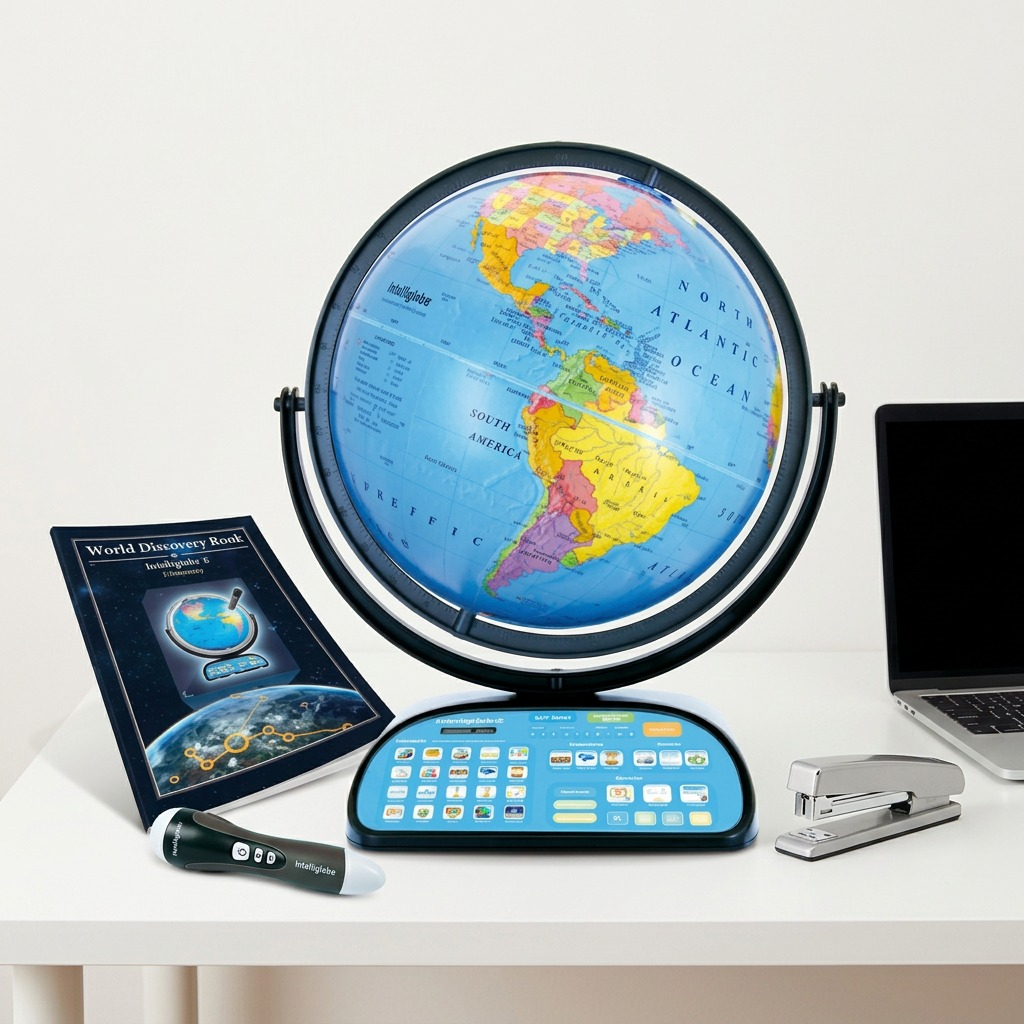 Interactive globe set (Replogle Intelliglobe) shown with scale reference next to a stapler and laptop on a desk, accurate to canonical image proportions.