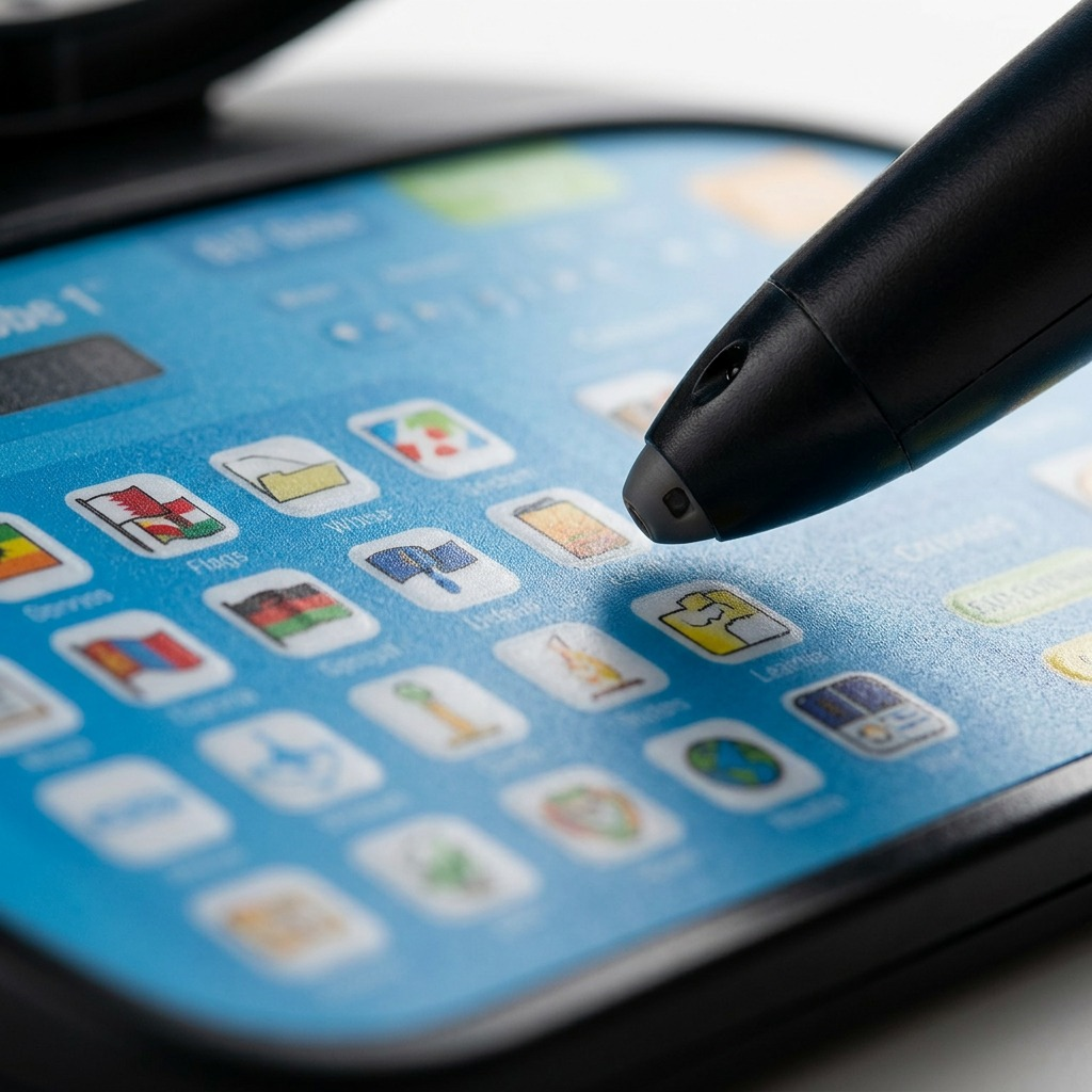 Detail photograph of the Replogle Intelliglobe base, showing the intricate touch pad and a stylus tip in close-up.