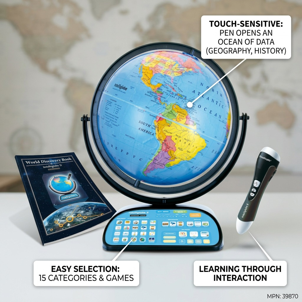 Replogle Intelliglobe features: interactive data access via touch-sensitive regions, category selection, and learning games.