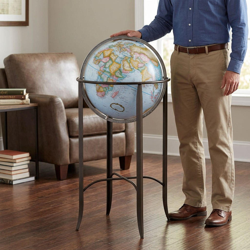 A specific Replogle Trafalgar globe stand placed next to an adult male for real-world size context.
