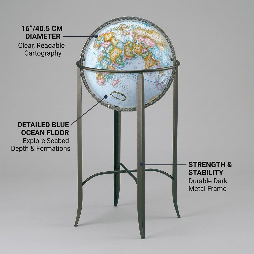 An ecommerce infographic of the Trafalgar globe on its stand, with factual feature callouts.