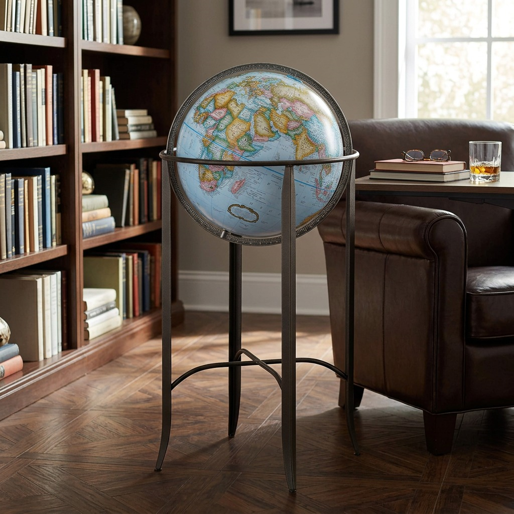 A lifestyle photograph of the Replogle Trafalgar floor globe on its metal stand in a classic home library.
