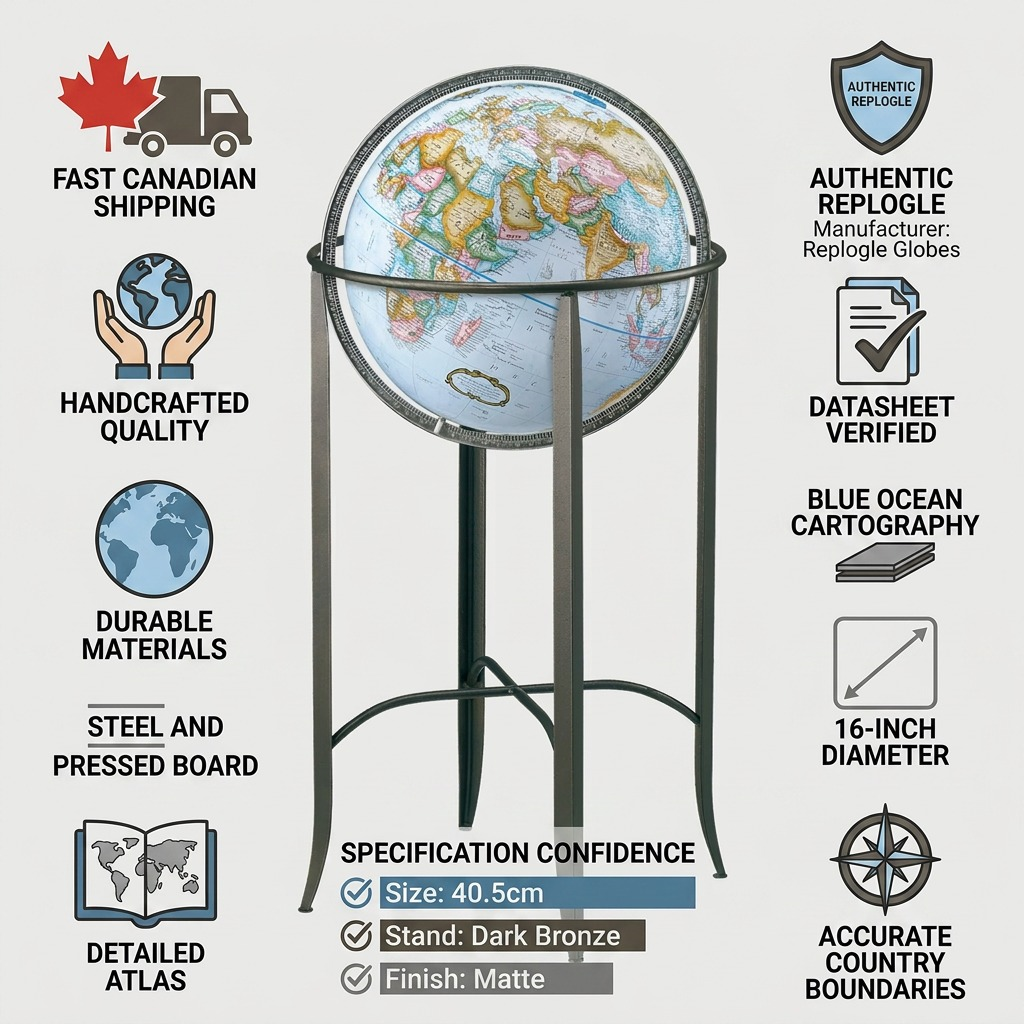 A trust infographic matrix for the Replogle Globes 26807 Trafalgar, showing its key features and facts.