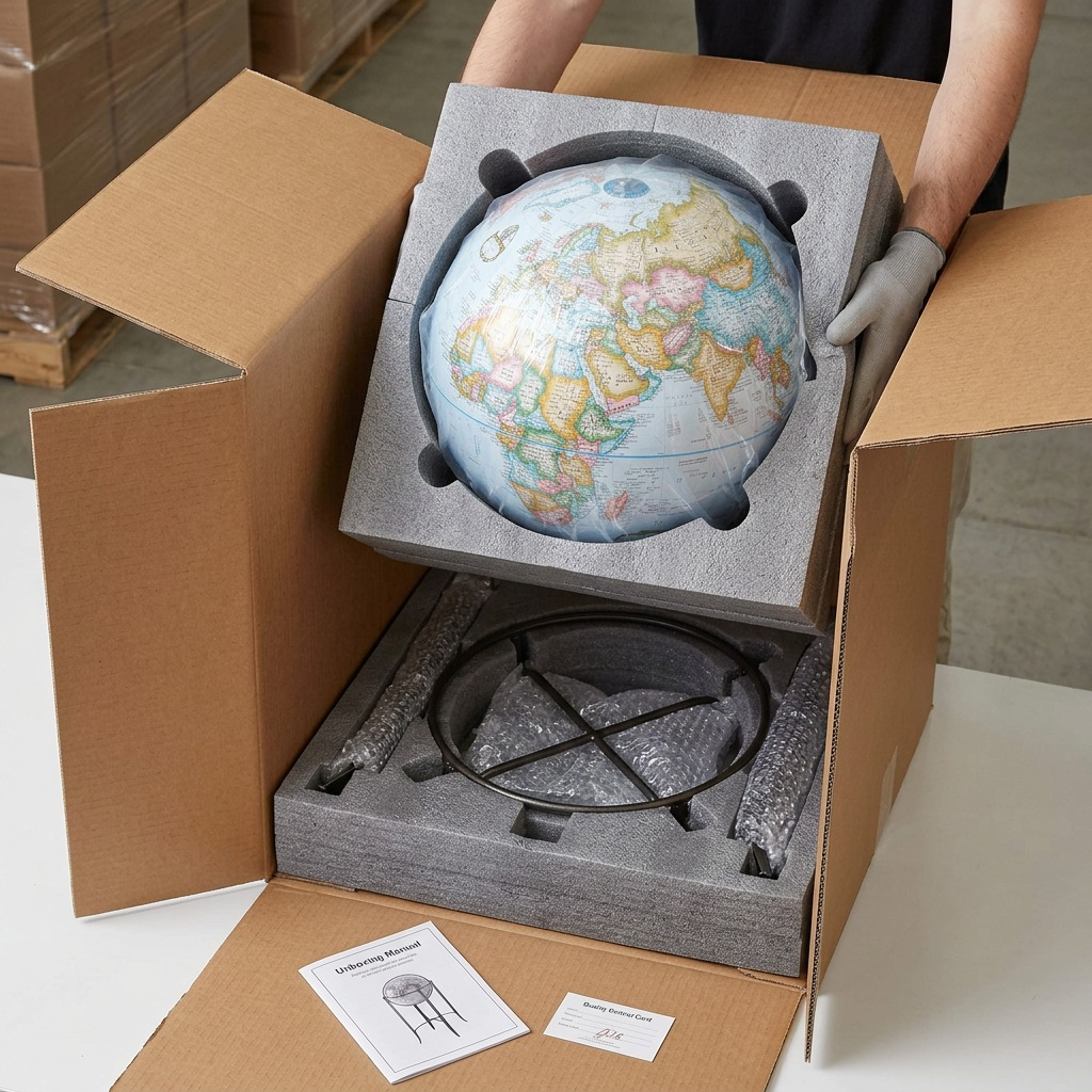 Unboxing image showing the 16" blue ocean globe in shipping carton with custom foam and protection.