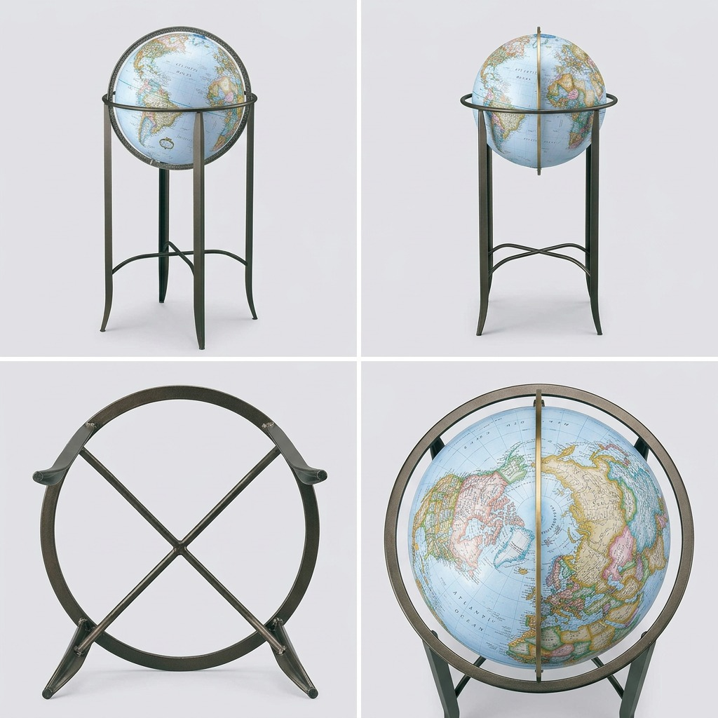 PDP visual matrix showing single globe from front, left profile, right profile, and top-down views.