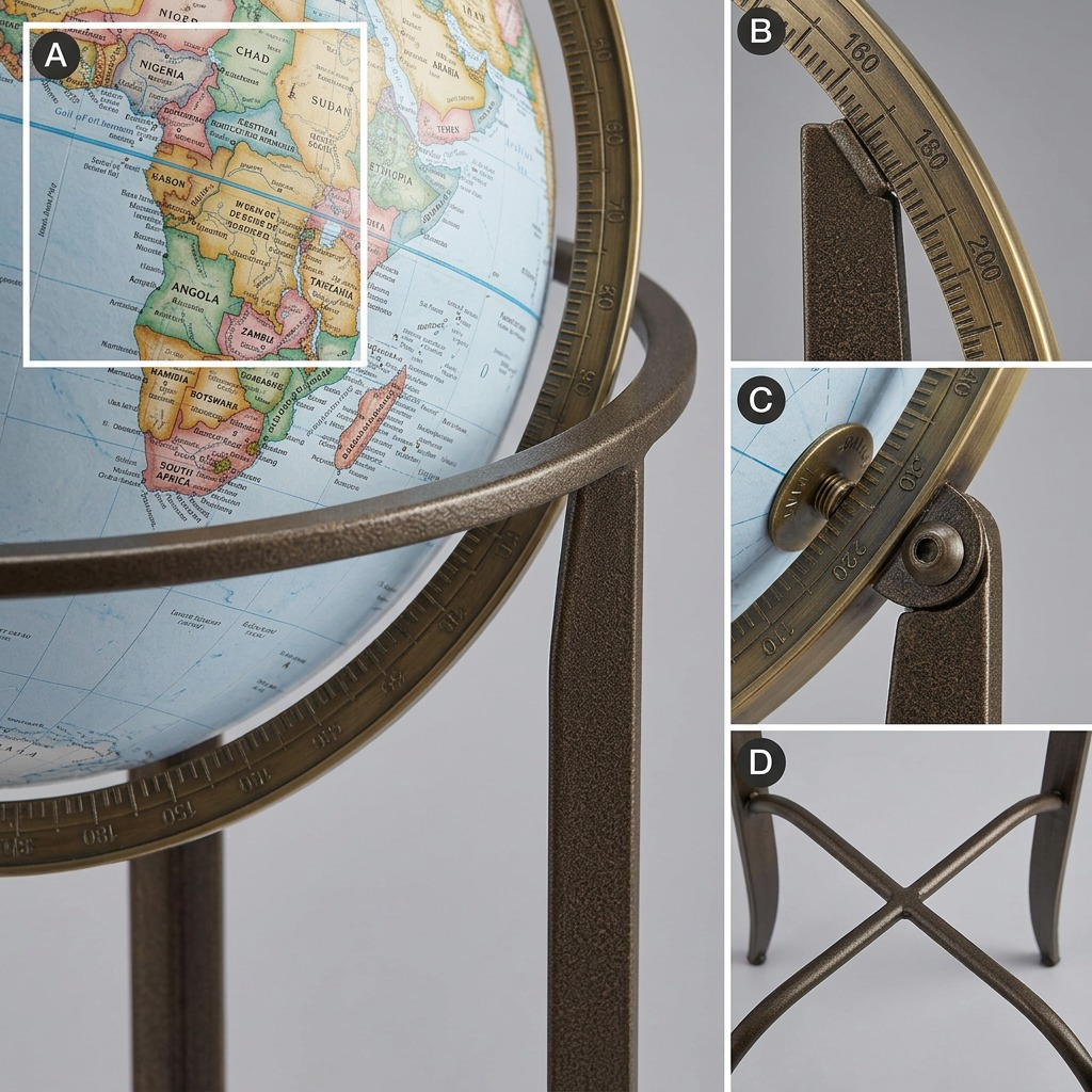 A detailed macro inspection matrix highlighting the material textures, cartographic details, and precision components of the Replogle Trafalgar globe.