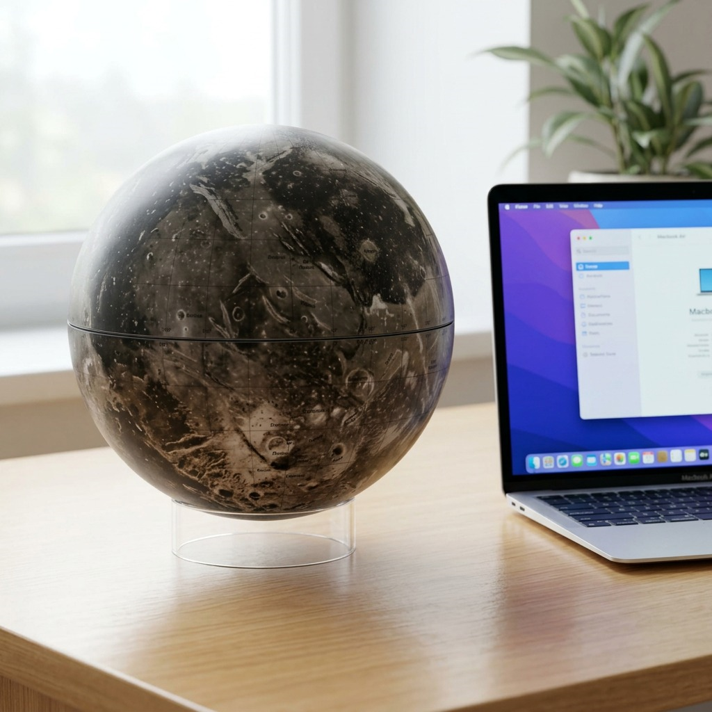 The Ganymede globe on its stand, placed next to an open laptop on a desk for scale.
