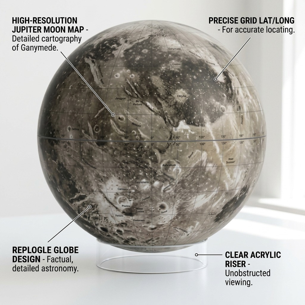 An infographic details the Ganymede globe's high-resolution map, precise grid layout, and clear acrylic riser.