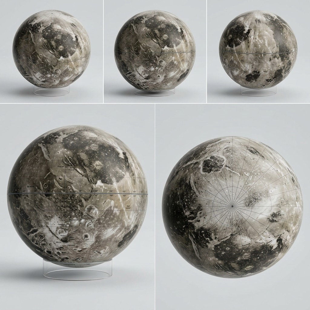 Multiple views of the Replogle Astronomy Magazine Ganymede globe on clear stands, in a premium grid.