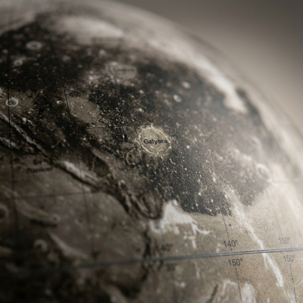 Extreme close-up view of the printed surface of the Ganymede globe, showing lunar-like terrain and coordinates.