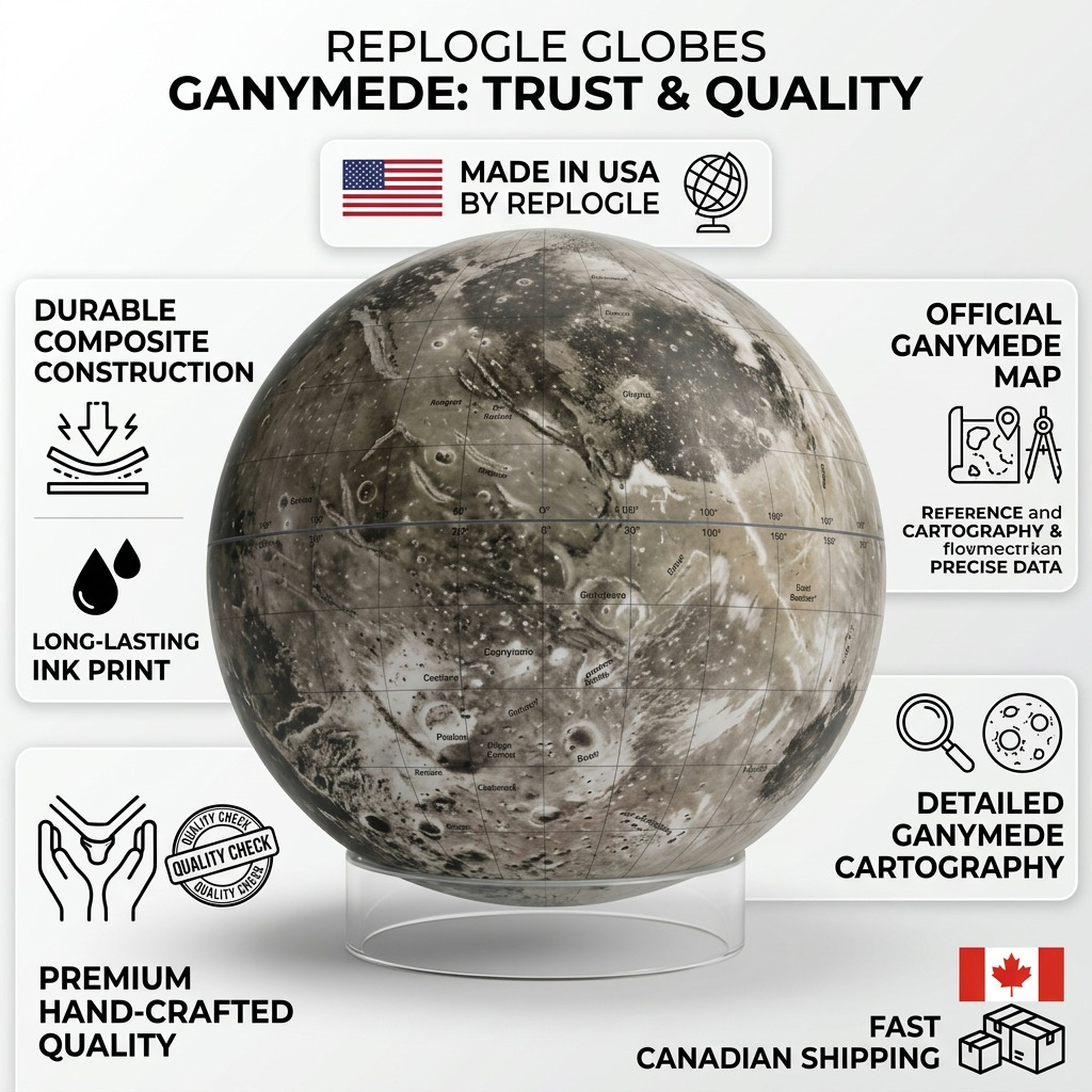 Ganymede surface globe infographic with quality and shipping information.