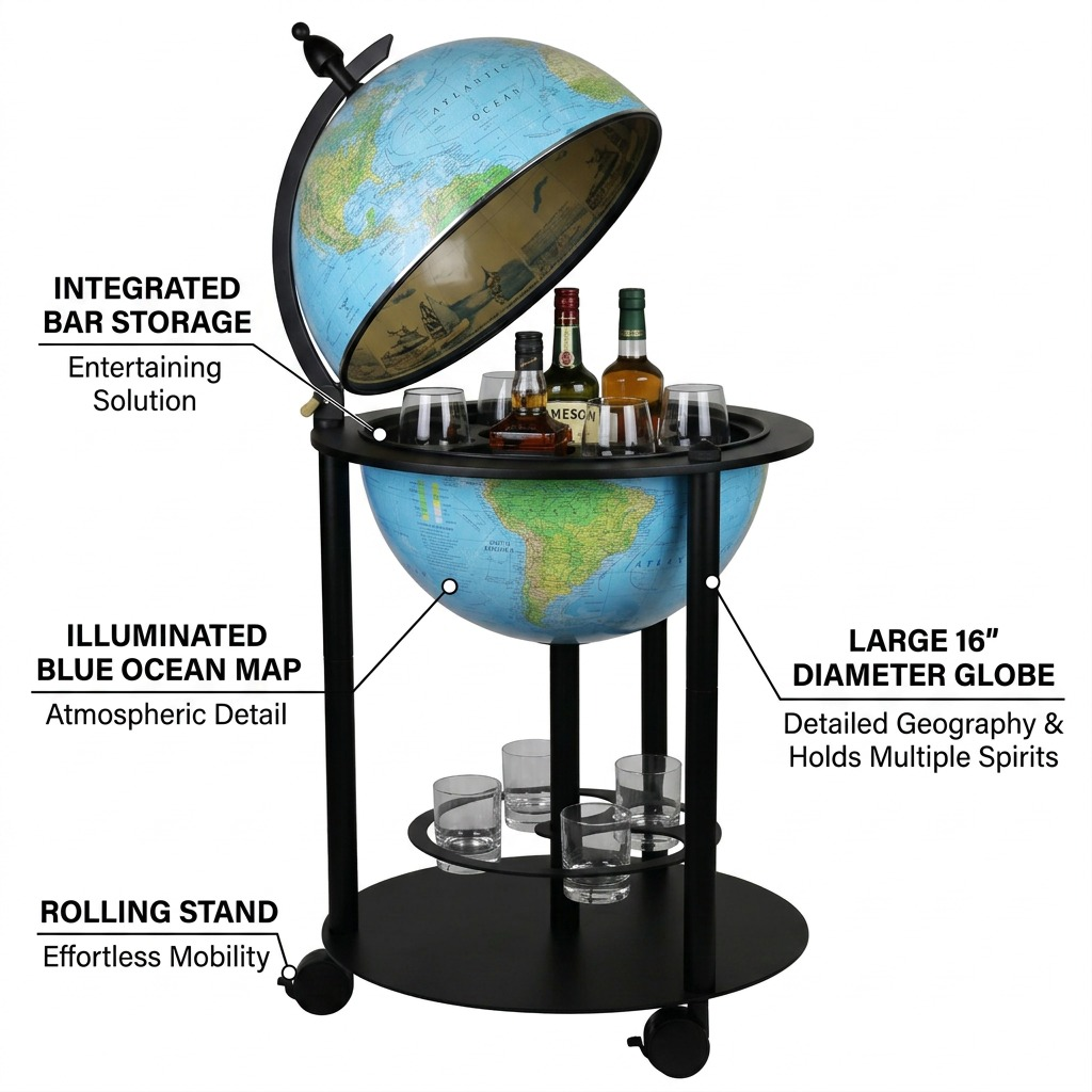 A feature graphic of the Replogle bar globe (MPN: 87808), showing storage in the open globe and base rack.